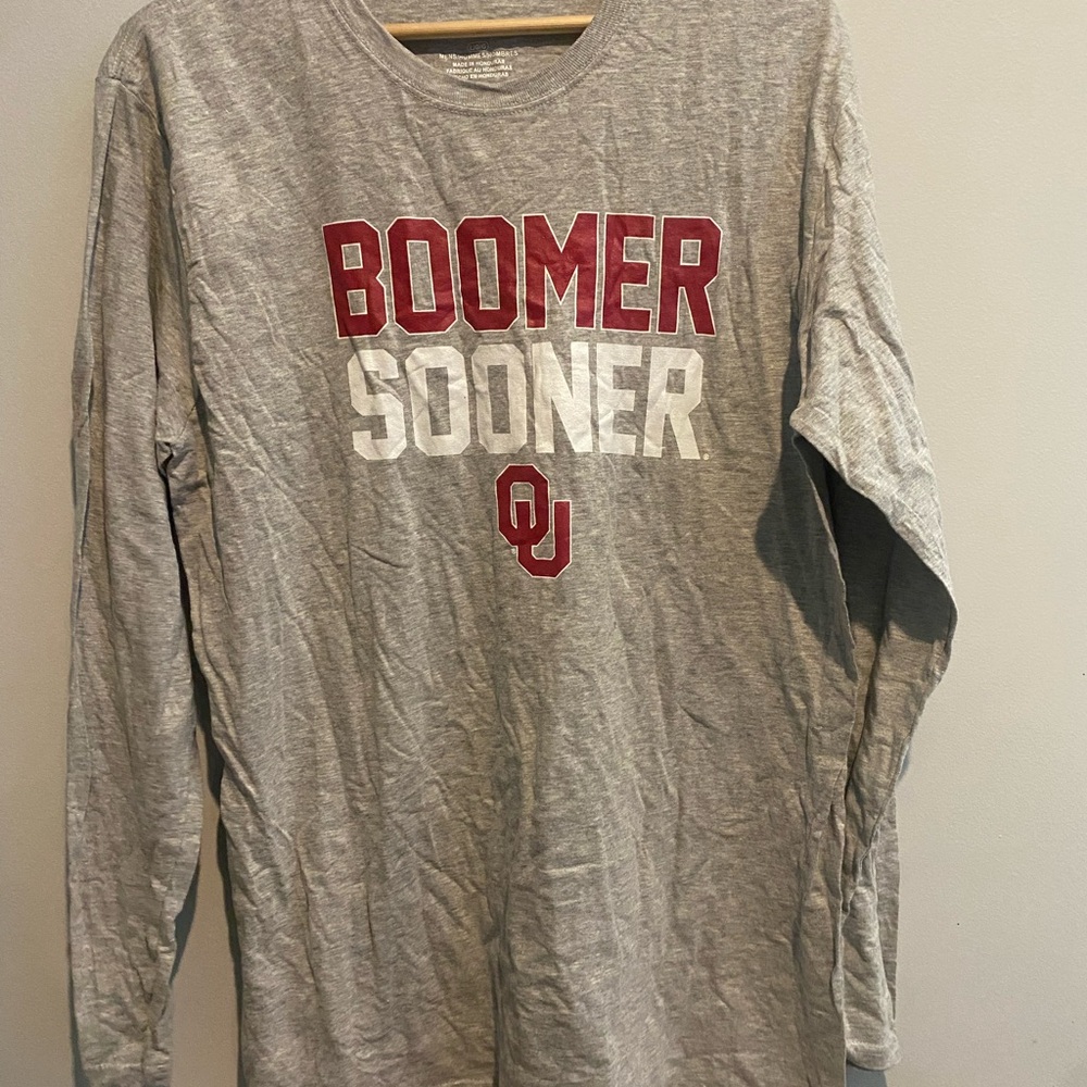 Boomer Sooner OU Long Sleeve Tee - Grey with Crimson & White